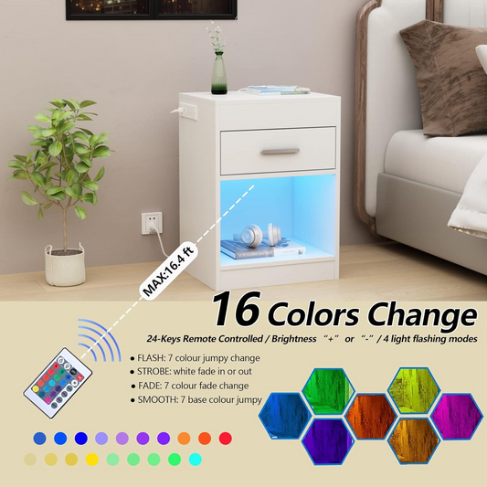 Modern Wooden Nightstand – LED Smart Bedside Table with Charging Station & RFID Lock