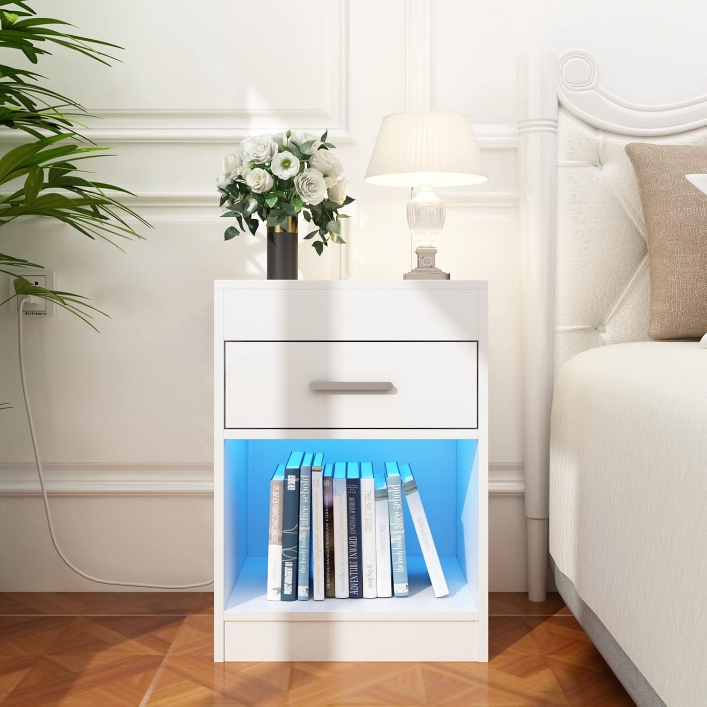 Modern Wooden Nightstand – LED Smart Bedside Table with Charging Station & RFID Lock