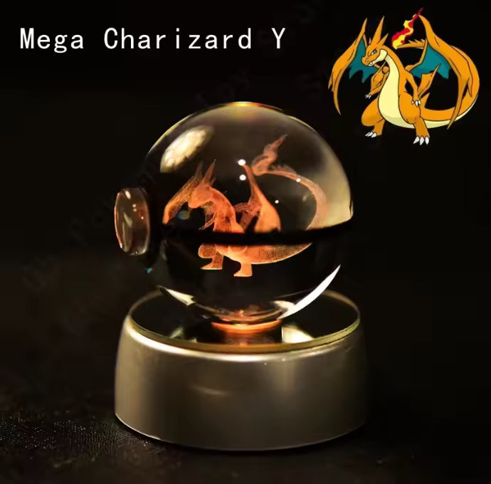 3D Pokemon Animated-Inspired Crystal Ball LED Night Light – Rotating Base Glow Sphere with Laser Engraved Character Design, Decorative Gaming & Bedroom Lamp, Collectible Gift