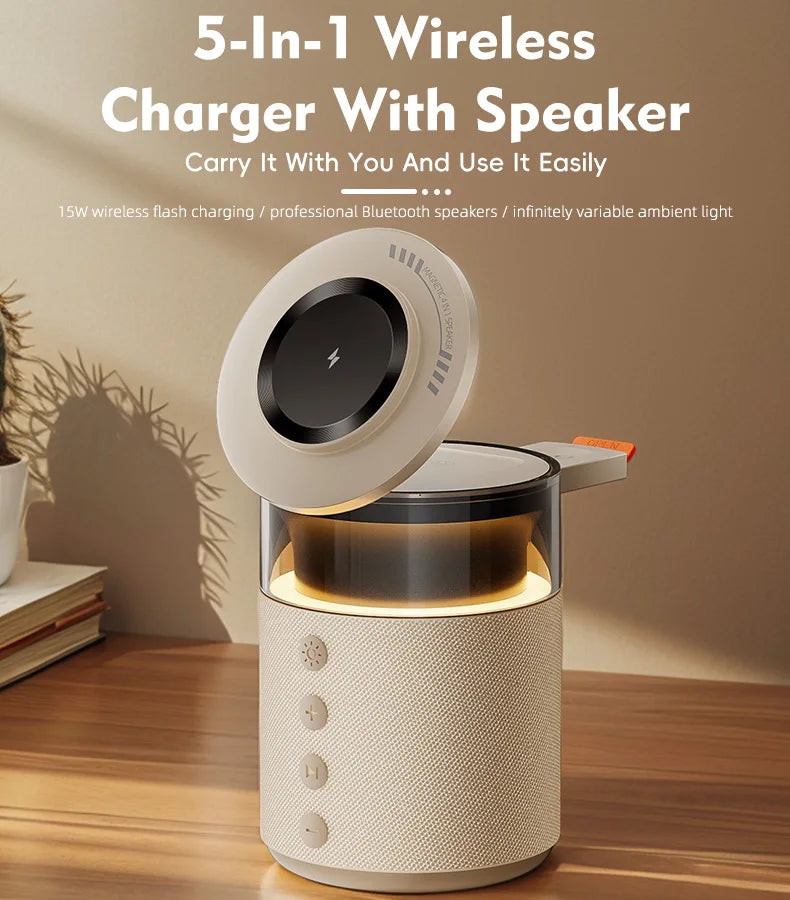 Viral 5-in-1 Smart Desk Gadget – Wireless Charger, Bluetooth Speaker & Night Light