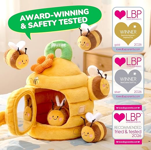 Baby Sensory Toys 6–12 Months, Soft Beehive Montessori Toy with Rattle, Crinkle, Squeaker & Mirror