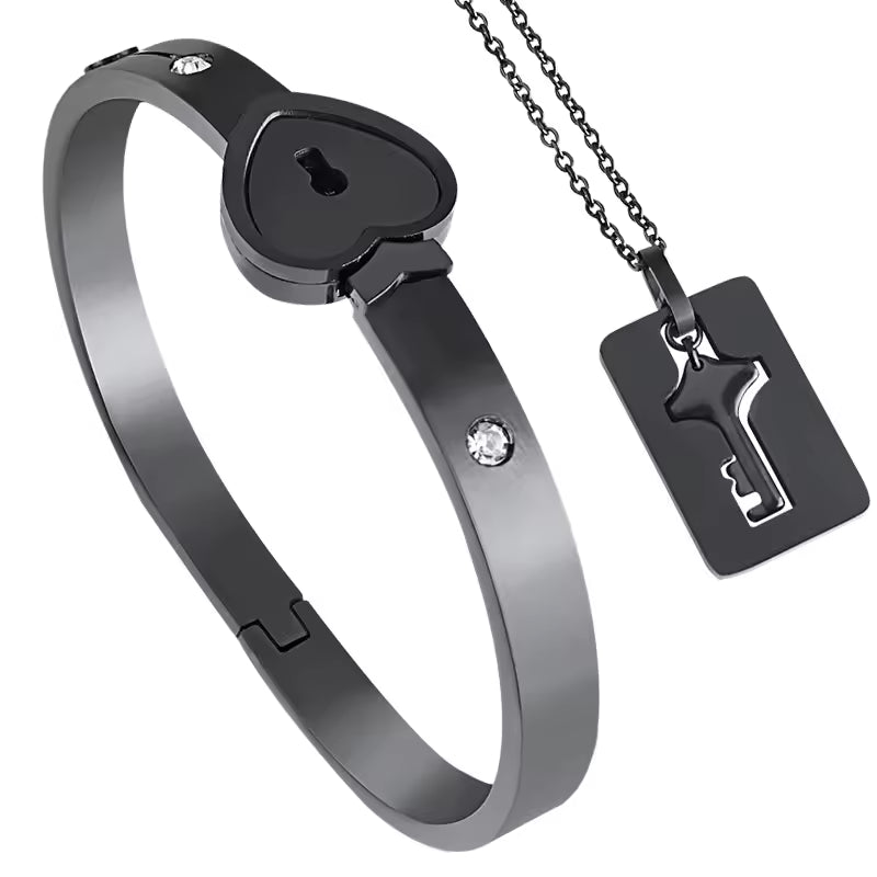 100 Language Love You Heart Shield Key Pendant Stainless Steel Couples Jewelry Lock Bracelet and Key Necklace for Valentines Day