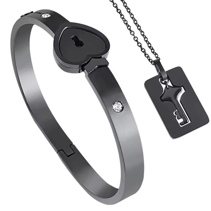 100 Language Love You Heart Shield Key Pendant Stainless Steel Couples Jewelry Lock Bracelet and Key Necklace for Valentines Day