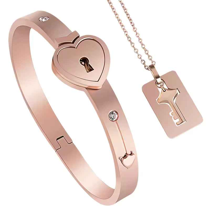 100 Language Love You Heart Shield Key Pendant Stainless Steel Couples Jewelry Lock Bracelet and Key Necklace for Valentines Day