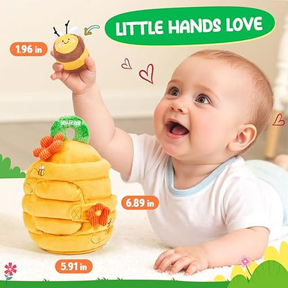 Baby Sensory Toys 6–12 Months, Soft Beehive Montessori Toy with Rattle, Crinkle, Squeaker & Mirror