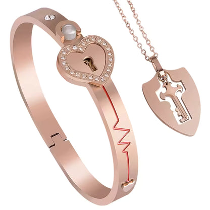 100 Language Love You Heart Shield Key Pendant Stainless Steel Couples Jewelry Lock Bracelet and Key Necklace for Valentines Day