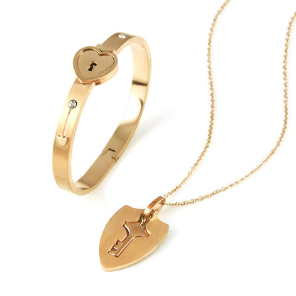 100 Language Love You Heart Shield Key Pendant Stainless Steel Couples Jewelry Lock Bracelet and Key Necklace for Valentines Day
