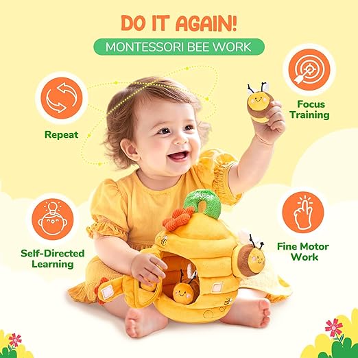 Baby Sensory Toys 6–12 Months, Soft Beehive Montessori Toy with Rattle, Crinkle, Squeaker & Mirror