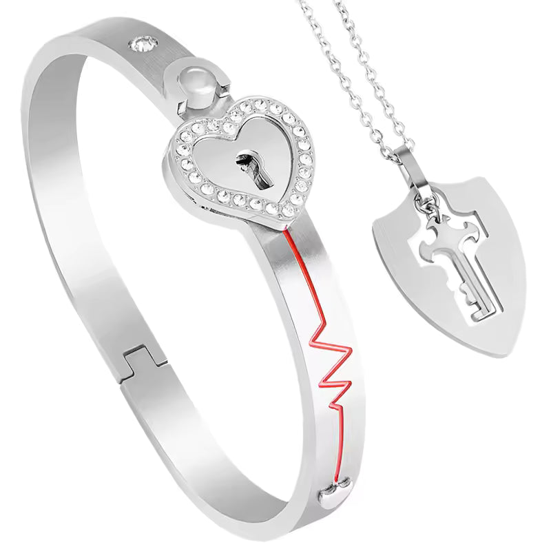100 Language Love You Heart Shield Key Pendant Stainless Steel Couples Jewelry Lock Bracelet and Key Necklace for Valentines Day