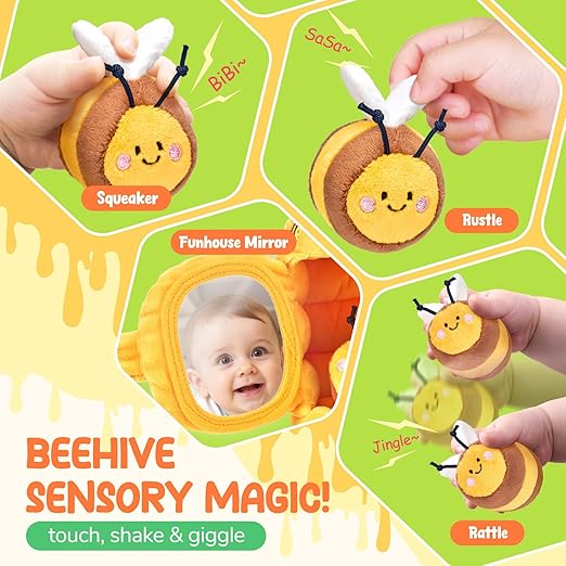 Baby Sensory Toys 6–12 Months, Soft Beehive Montessori Toy with Rattle, Crinkle, Squeaker & Mirror