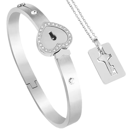 100 Language Love You Heart Shield Key Pendant Stainless Steel Couples Jewelry Lock Bracelet and Key Necklace for Valentines Day