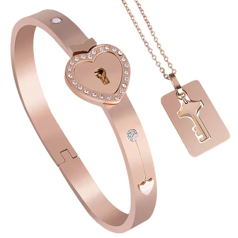 100 Language Love You Heart Shield Key Pendant Stainless Steel Couples Jewelry Lock Bracelet and Key Necklace for Valentines Day