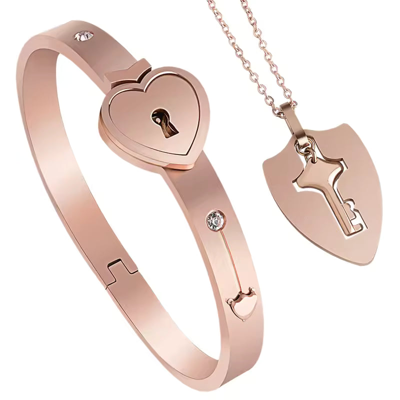 100 Language Love You Heart Shield Key Pendant Stainless Steel Couples Jewelry Lock Bracelet and Key Necklace for Valentines Day