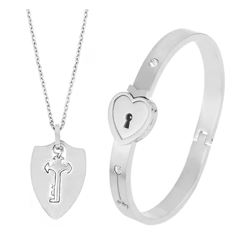100 Language Love You Heart Shield Key Pendant Stainless Steel Couples Jewelry Lock Bracelet and Key Necklace for Valentines Day