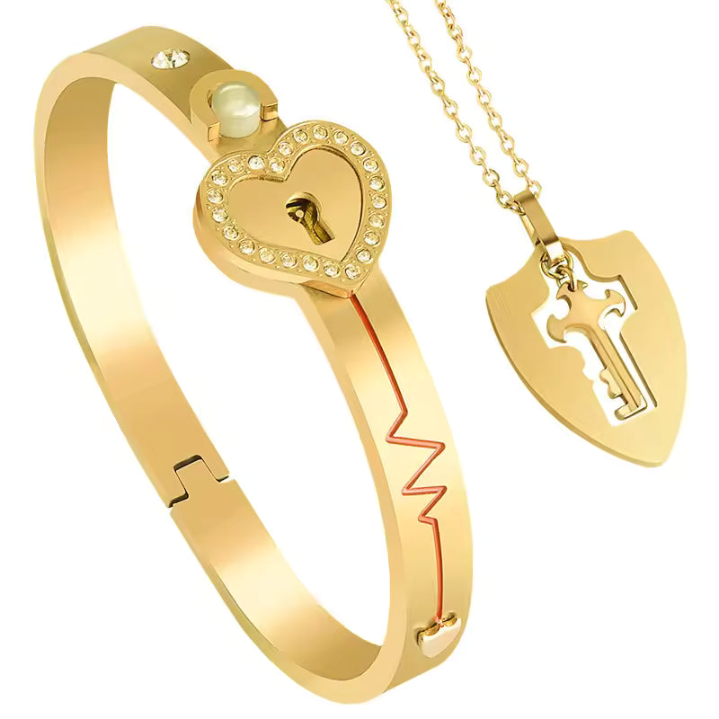 100 Language Love You Heart Shield Key Pendant Stainless Steel Couples Jewelry Lock Bracelet and Key Necklace for Valentines Day