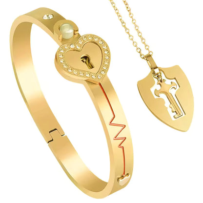 100 Language Love You Heart Shield Key Pendant Stainless Steel Couples Jewelry Lock Bracelet and Key Necklace for Valentines Day