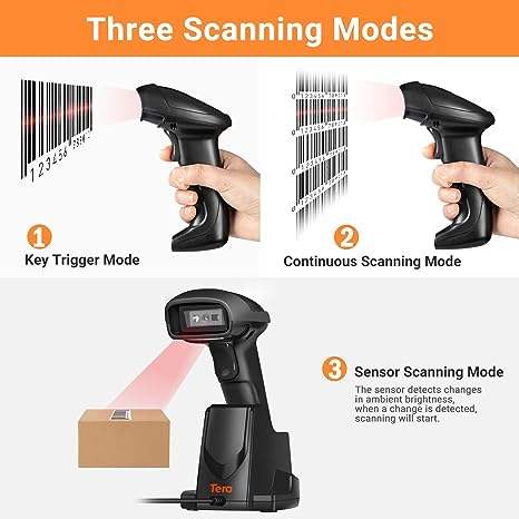 Tera 1D/2D QR Barcode Scanner – Wireless Handheld Scanner with USB Charging Cradle