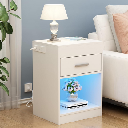 Modern Wooden Nightstand – LED Smart Bedside Table with Charging Station & RFID Lock
