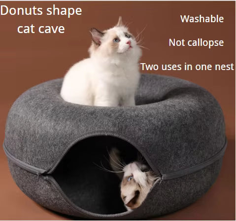 Donut Felt Cat Cave Bed – Cozy Washable Cat House & Tunnel Toy