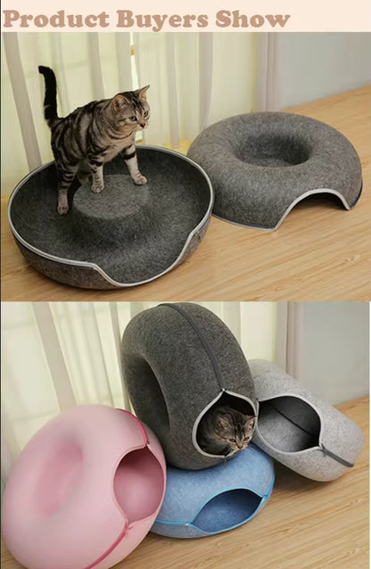 Donut Felt Cat Cave Bed – Cozy Washable Cat House & Tunnel Toy
