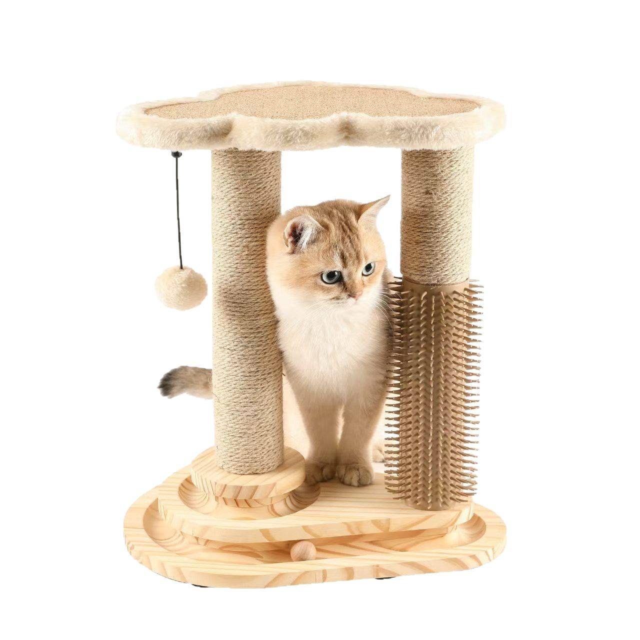 Wooden Cat Scratching Post – Sisal Cat Tree, Scratcher Bed & Interactive Turntable Toy