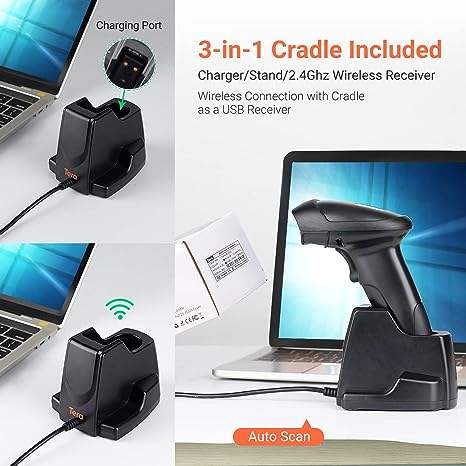 Tera 1D/2D QR Barcode Scanner – Wireless Handheld Scanner with USB Charging Cradle