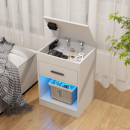 Modern Wooden Nightstand – LED Smart Bedside Table with Charging Station & RFID Lock