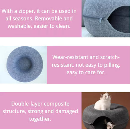 Donut Felt Cat Cave Bed – Cozy Washable Cat House & Tunnel Toy