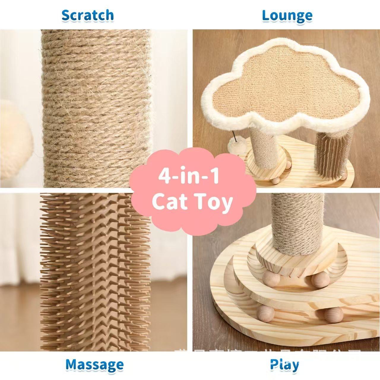 Wooden Cat Scratching Post – Sisal Cat Tree, Scratcher Bed & Interactive Turntable Toy