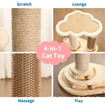 Wooden Cat Scratching Post – Sisal Cat Tree, Scratcher Bed & Interactive Turntable Toy