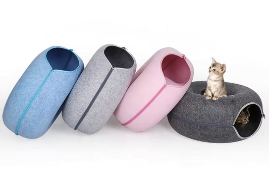 Donut Felt Cat Cave Bed – Cozy Washable Cat House & Tunnel Toy
