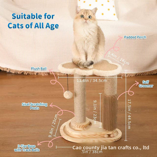 Wooden Cat Scratching Post – Sisal Cat Tree, Scratcher Bed & Interactive Turntable Toy