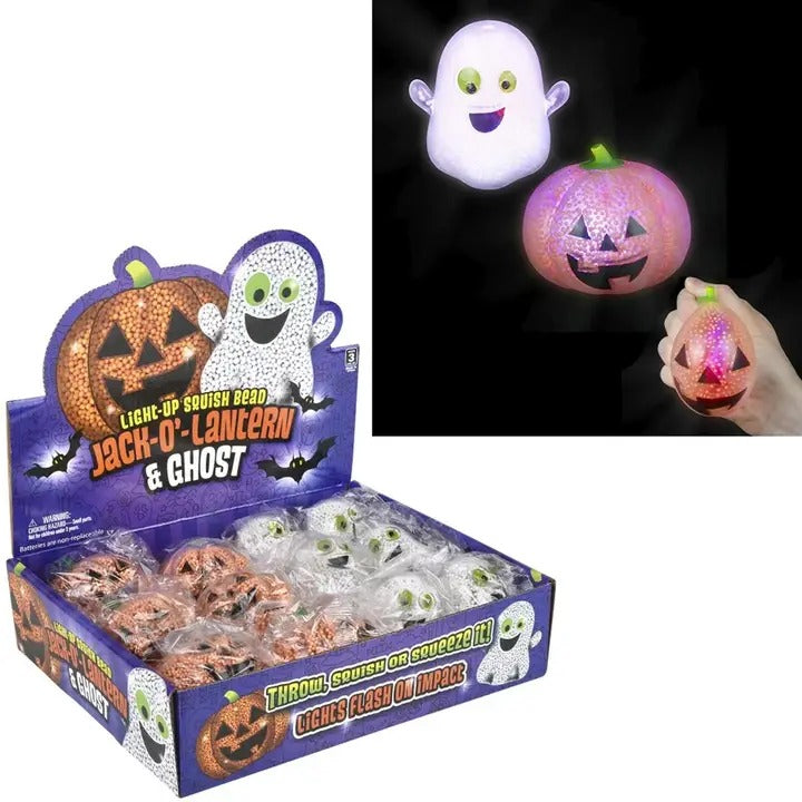 Light-Up Halloween Squishy Bead Toys Set – 12PCS Jack-O'-Lantern & Ghost LED Stress Relief Sensory Fidget Toys for Kids Halloween Party Favors