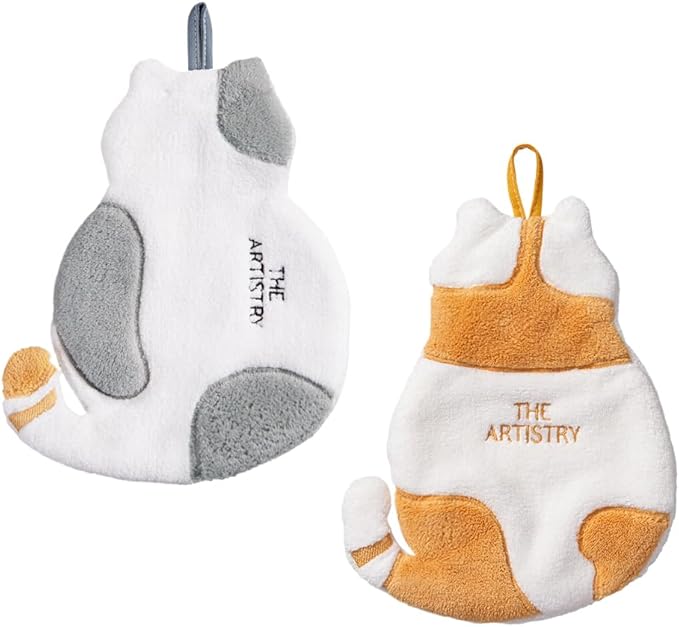 Soft Coral Fleece Cat Hand Towel, Quick-Dry Hanging Towel for Kids, Kitchen & Bathroom