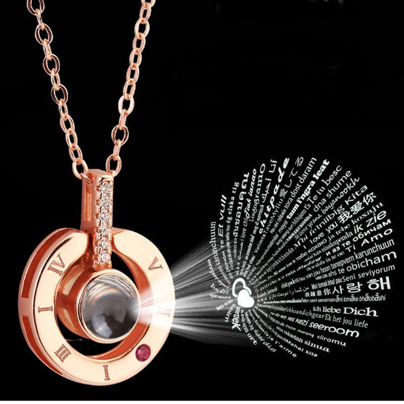 Trendy Brass Link Chain Couple Necklace – 100 Languages “I Love You” Projection Zircon Pendant | Valentine’s Day Gift for Couples