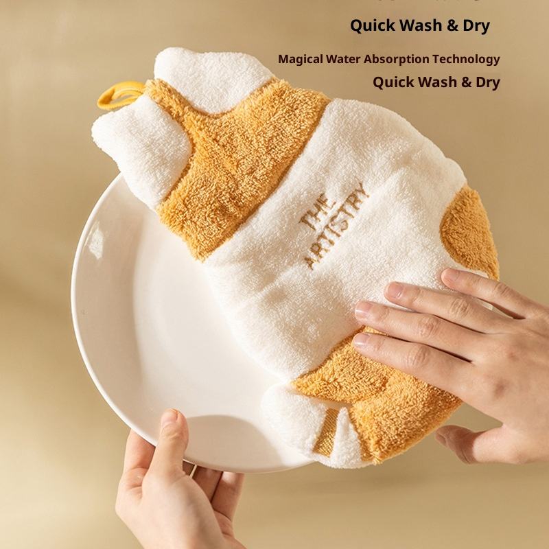 Soft Coral Fleece Cat Hand Towel, Quick-Dry Hanging Towel for Kids, Kitchen & Bathroom