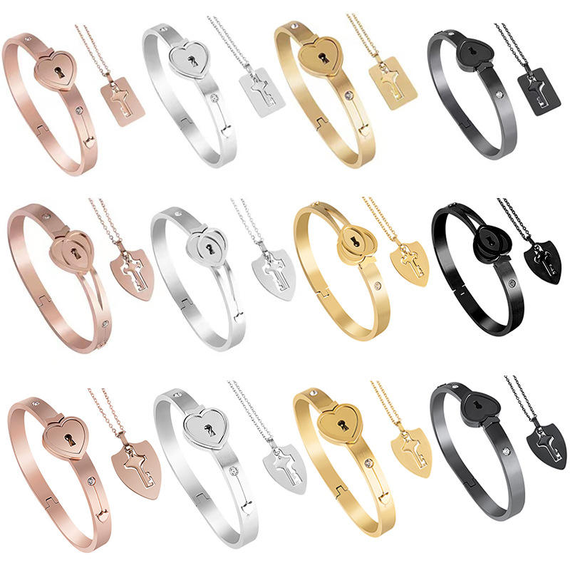 100 Language Love You Heart Shield Key Pendant Stainless Steel Couples Jewelry Lock Bracelet and Key Necklace for Valentines Day