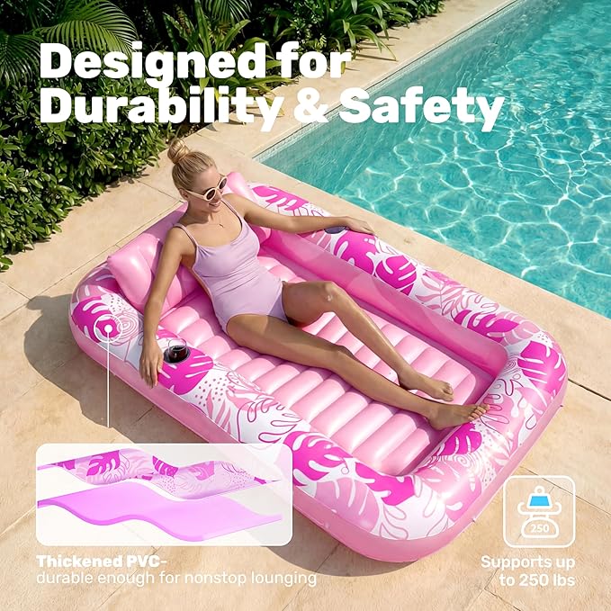 XL Inflatable Tanning Pool Float for Adults, Pink Pool Lounger Raft with Pillow & Cup Holder