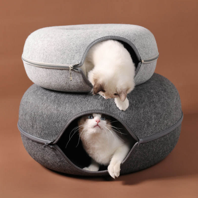 Donut Felt Cat Cave Bed – Cozy Washable Cat House & Tunnel Toy