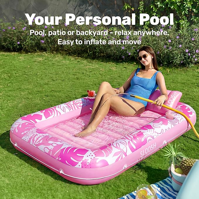 XL Inflatable Tanning Pool Float for Adults, Pink Pool Lounger Raft with Pillow & Cup Holder