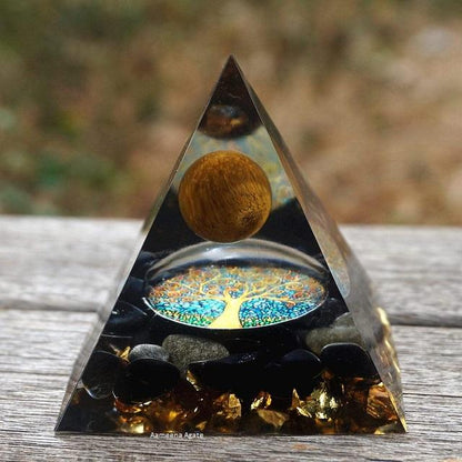 Natural Tiger Eye Orgone Pyramid – Healing Crystal Resin Energy Orgonite Pyramid for Meditation, Feng Shui & Home Decor