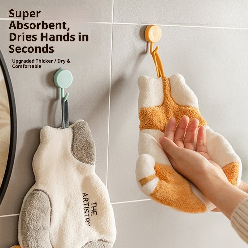 Soft Coral Fleece Cat Hand Towel, Quick-Dry Hanging Towel for Kids, Kitchen & Bathroom