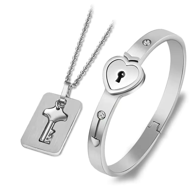 100 Language Love You Heart Shield Key Pendant Stainless Steel Couples Jewelry Lock Bracelet and Key Necklace for Valentines Day