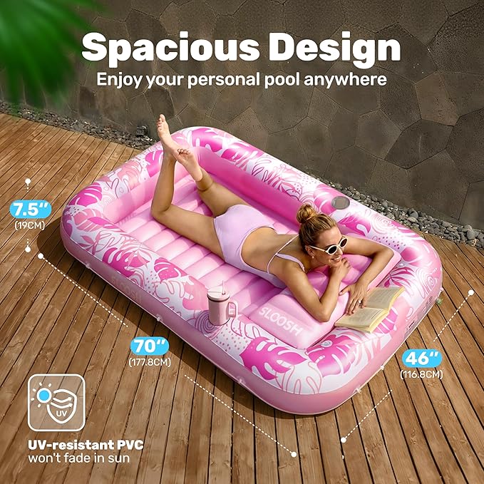 XL Inflatable Tanning Pool Float for Adults, Pink Pool Lounger Raft with Pillow & Cup Holder