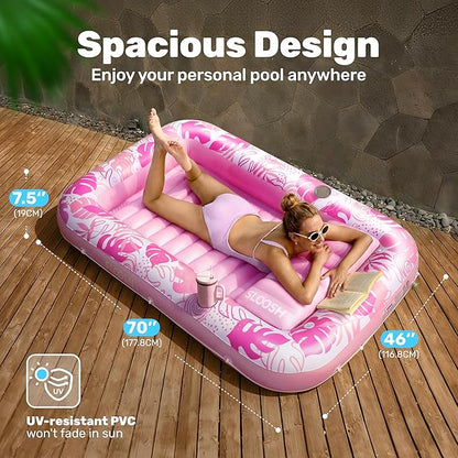 XL Inflatable Tanning Pool Float for Adults, Pink Pool Lounger Raft with Pillow & Cup Holder