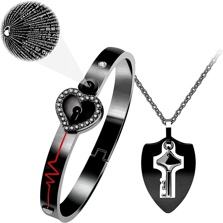 100 Language Love You Heart Shield Key Pendant Stainless Steel Couples Jewelry Lock Bracelet and Key Necklace for Valentines Day