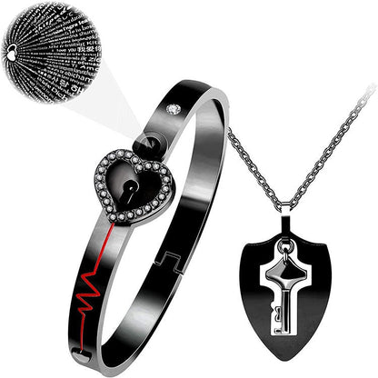 100 Language Love You Heart Shield Key Pendant Stainless Steel Couples Jewelry Lock Bracelet and Key Necklace for Valentines Day