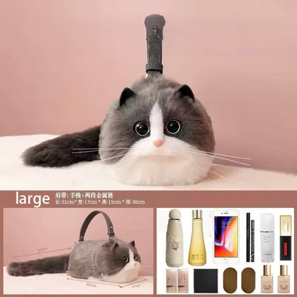 Realistic Plush Cat Handbag – Adorable Faux Fur Kitty Purse with Shoulder Strap | Cute Gift for Cat Lovers