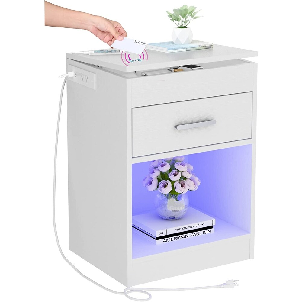 Modern Wooden Nightstand – LED Smart Bedside Table with Charging Station & RFID Lock