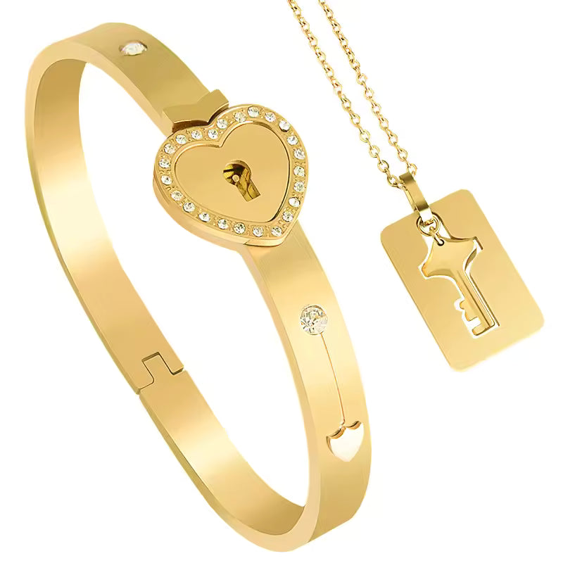 100 Language Love You Heart Shield Key Pendant Stainless Steel Couples Jewelry Lock Bracelet and Key Necklace for Valentines Day